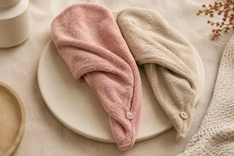 Deux serviettes de séchage pour cheveux en microfibre rose et beige avec bouton de fixation