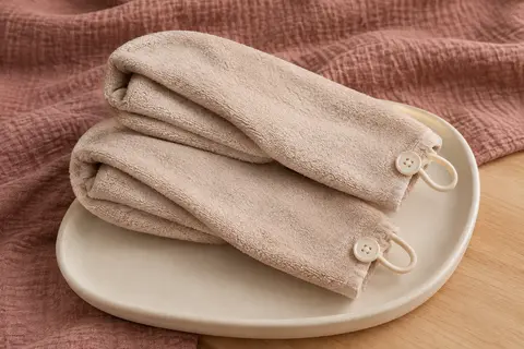 Deux serviettes de séchage pour cheveux en microfibre beige avec attache à bouton
