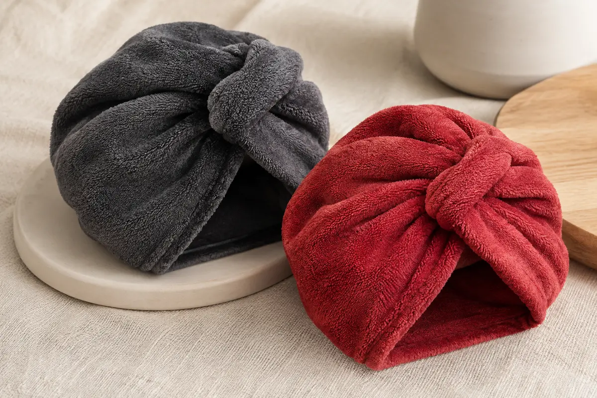 Deux turbans-serviettes en microfibre gris foncé et rouge, pliés pour montrer leur texture et leur nœud