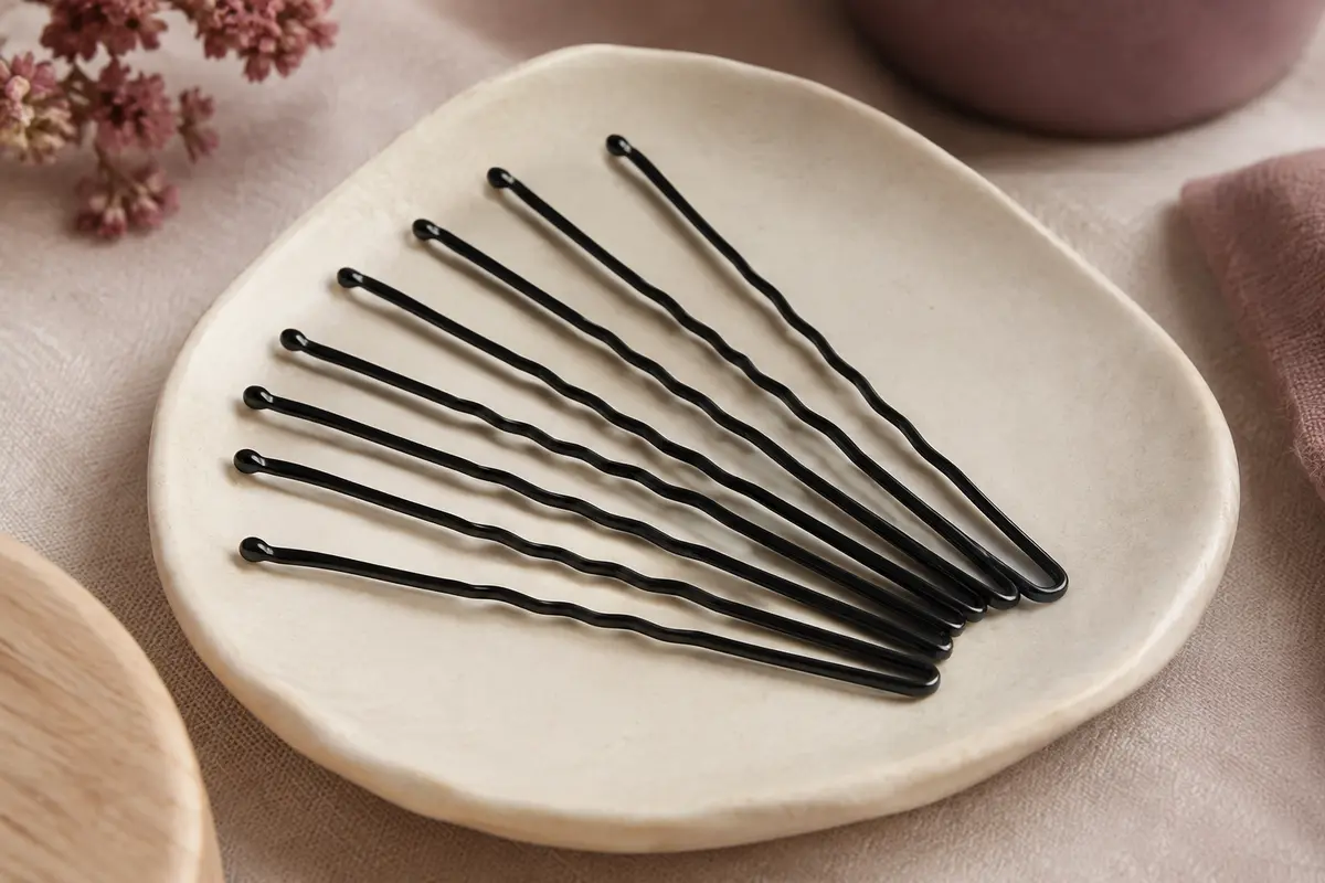 Épingles à cheveux plates en métal noir, ondulées et à extrémités arrondies, disposées en éventail.