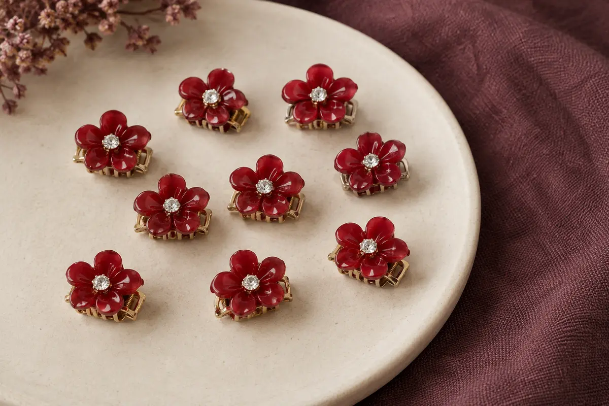 Dix mini barrettes rouges en forme de fleurs avec un strass central, posées sur une céramique mate