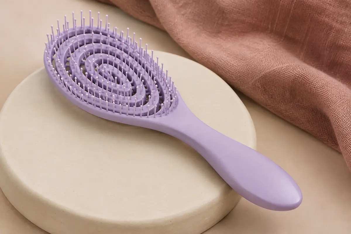 Brosse démêlante Ninabella lilas à structure en spirale et picots souples, posée sur de la céramique mate.