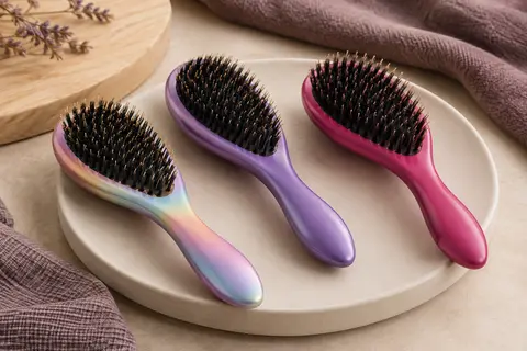 Trois brosses démêlantes à poils de sanglier, en rose arc-en-ciel, violet et fuchsia, posées sur céramique mate.