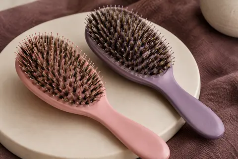 Deux brosses démêlantes, rose et violette, à tête large avec des poils mêlant sanglier et nylon.