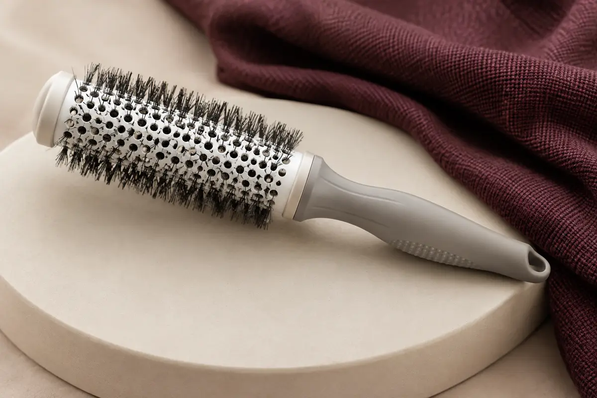 Brosse ronde de brushing blanche et grise de 35 mm posée sur un support en céramique mate