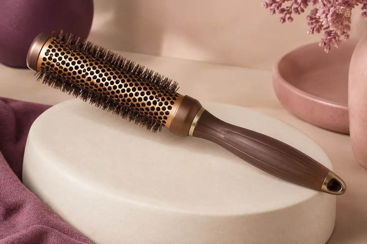 Brosse ronde Olivia Garden dorée et brune à barillet extra-long, posée sur une céramique mate