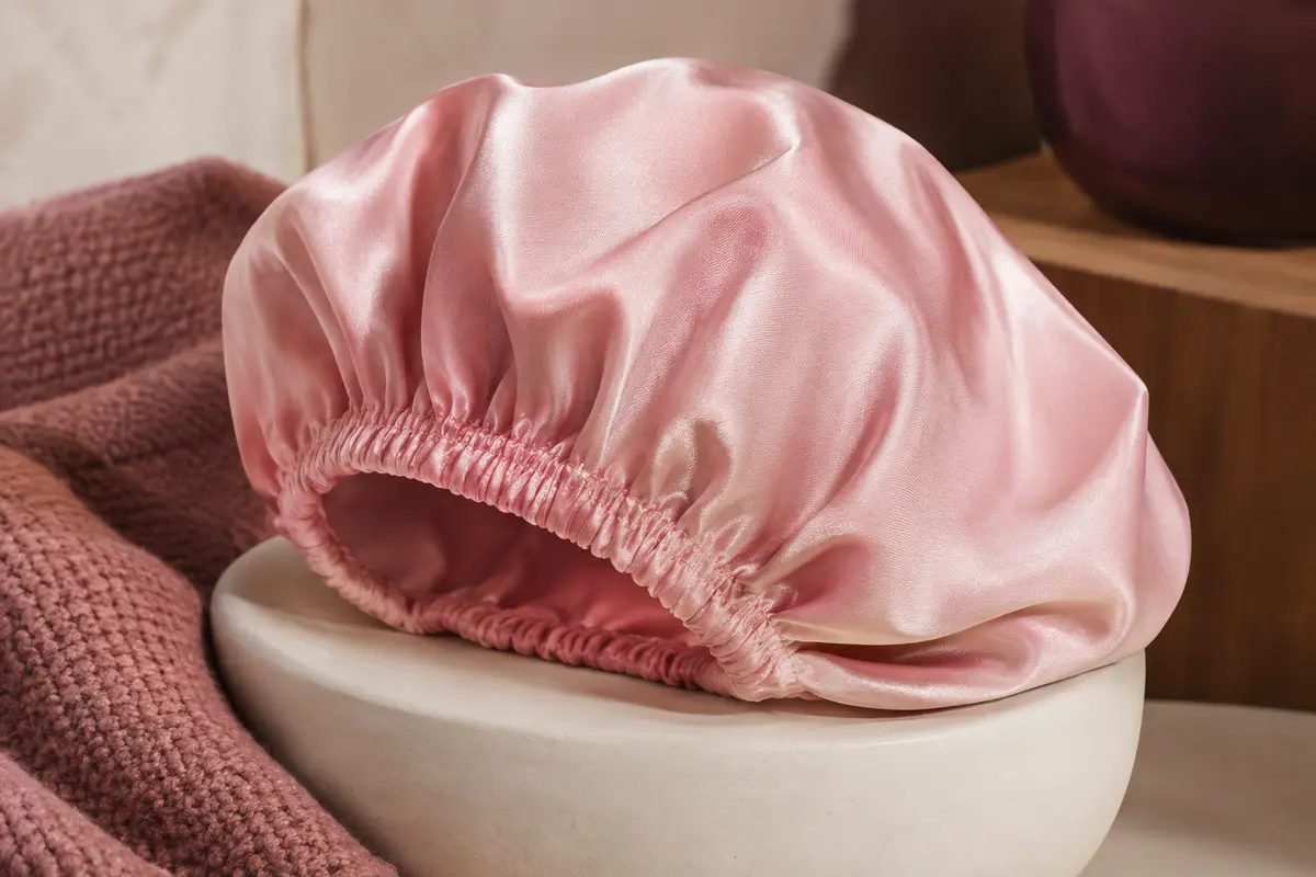 Bonnet de nuit rose en soie à surface satinée, posé sur un support en céramique mate.