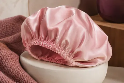 Bonnet de nuit rose en soie à surface satinée, posé sur un support en céramique mate.