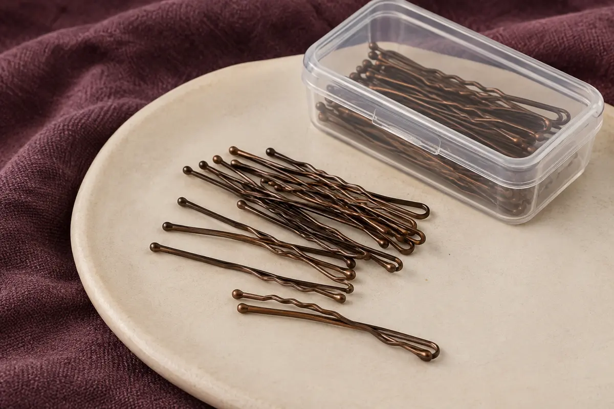 Épingles à cheveux métalliques brunes et ondulées rangées dans une boîte transparente