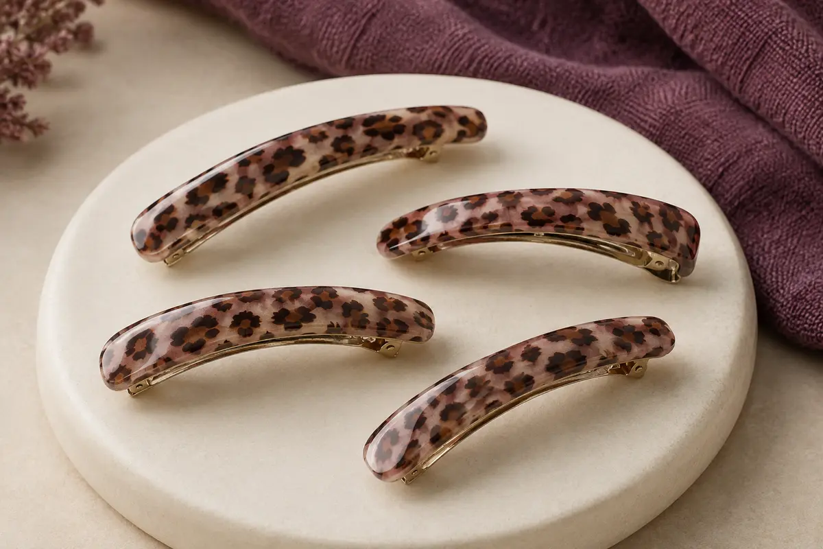 Quatre pinces plates incurvées en résine au motif léopard, disposées sur un support en céramique mate.