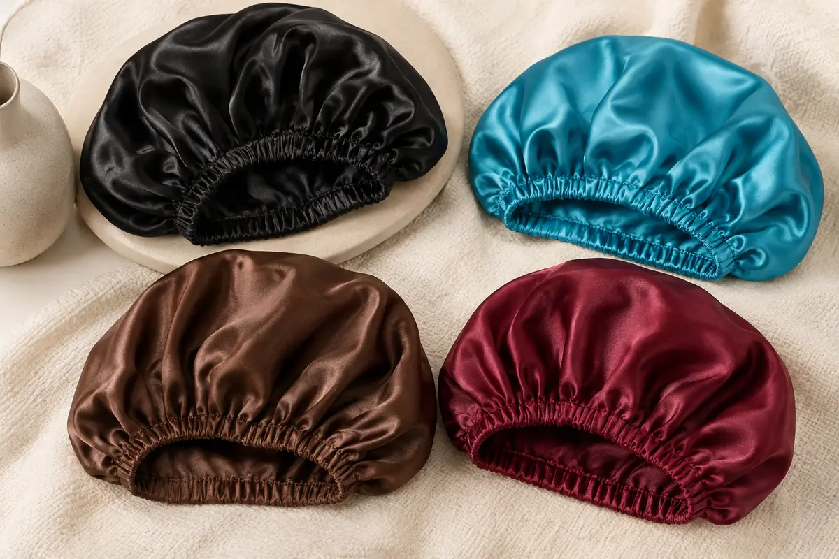 Quatre bonnets de nuit en satin de polyester noir, cyan, café et rouge vin posés sur un tissu clair.