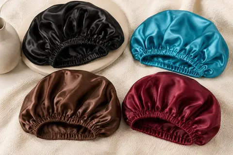 Quatre bonnets de nuit en satin de polyester noir, cyan, café et rouge vin posés sur un tissu clair.