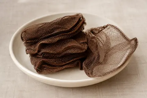 Filets à chignon bruns en nylon fin, pliés et déployés sur une coupelle en céramique mate