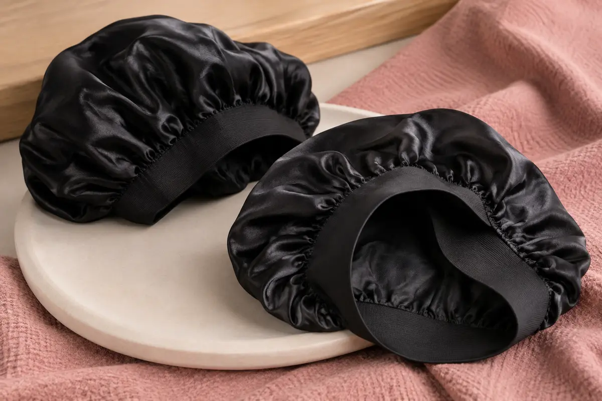 Deux bonnets de nuit noirs en satin polyester posés sur un support en céramique mate