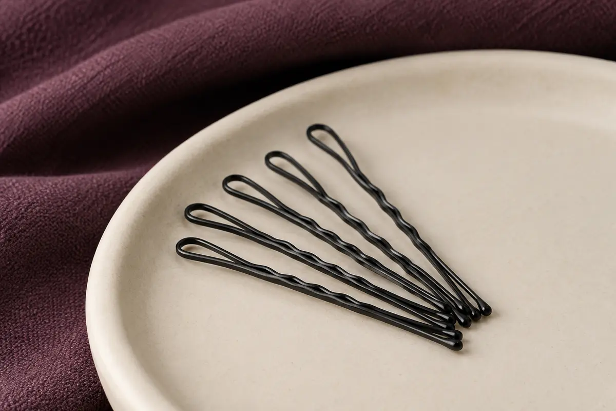 Épingles à cheveux standard noires en acier disposées sur une céramique mate crème.