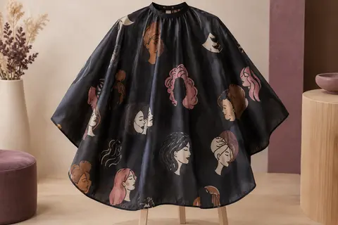 Cape de coiffure noire en polyester avec motif de caricature, étalée sur un support en bois clair