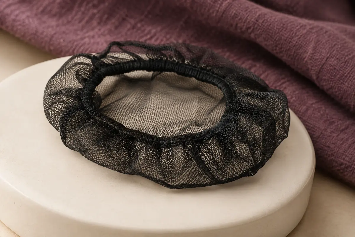 Filet à chignon noir en maille de coton posé sur une céramique mate près d’un tissu prune.