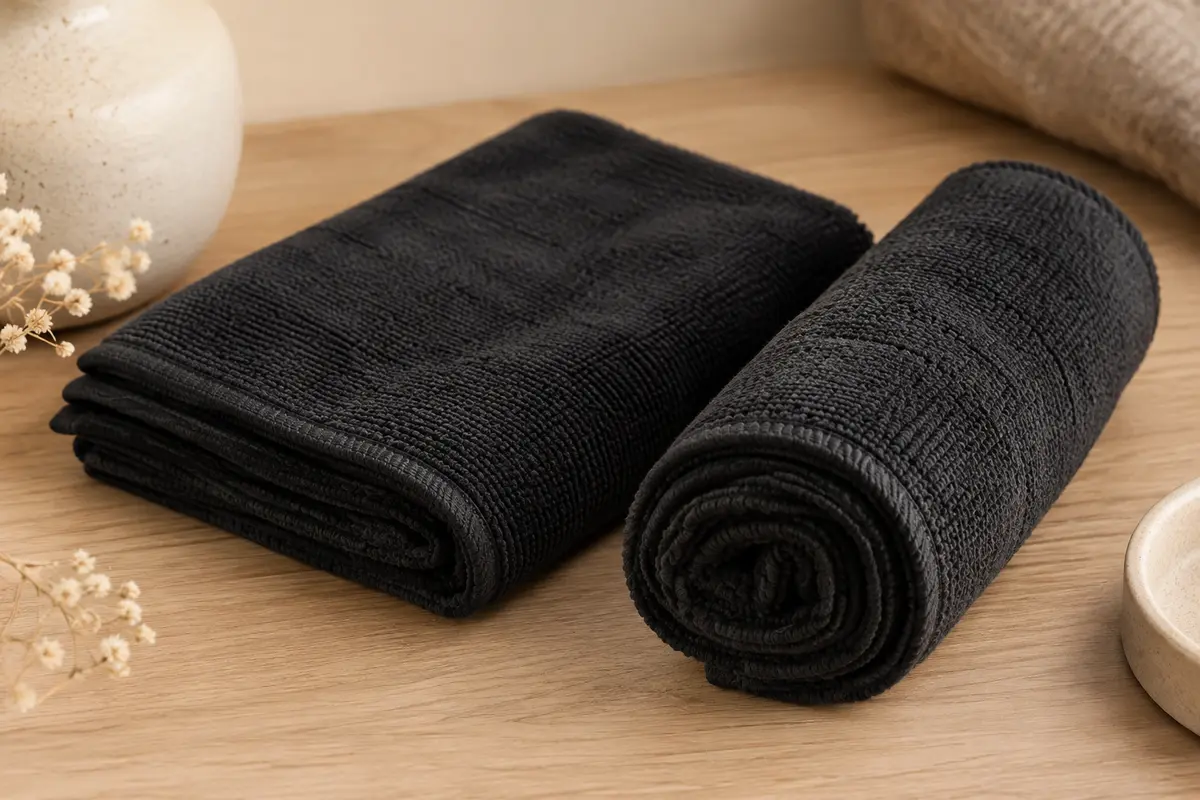 Deux serviettes de coiffure noires en microfibre, pliées sur un support en bois clair.