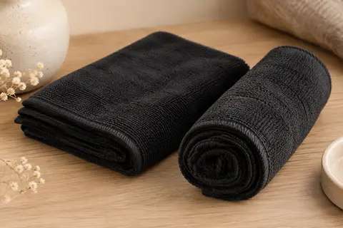 Deux serviettes de coiffure noires en microfibre, pliées sur un support en bois clair.