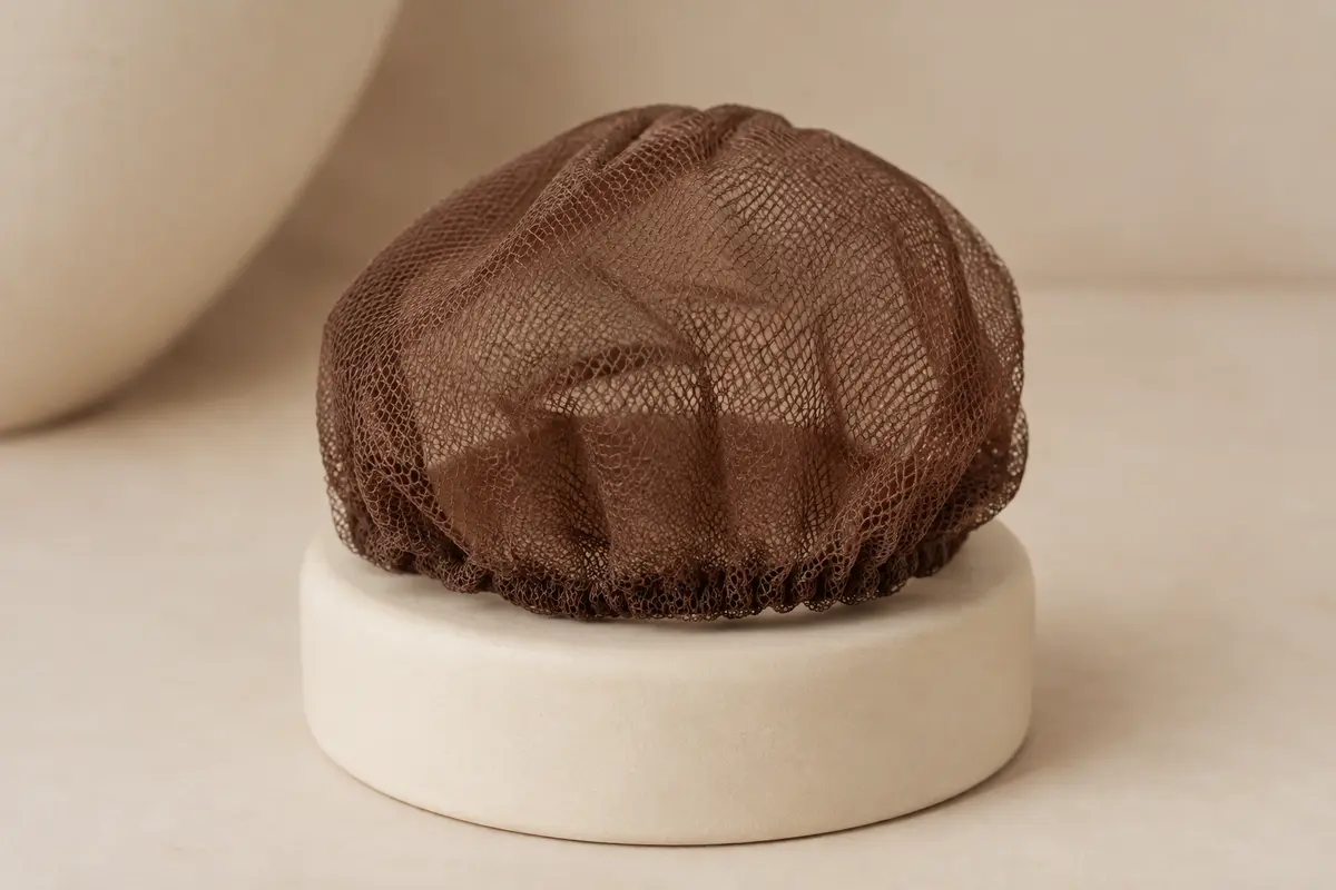 Filet à chignon marron en maille fine posé seul sur un support en céramique crème.