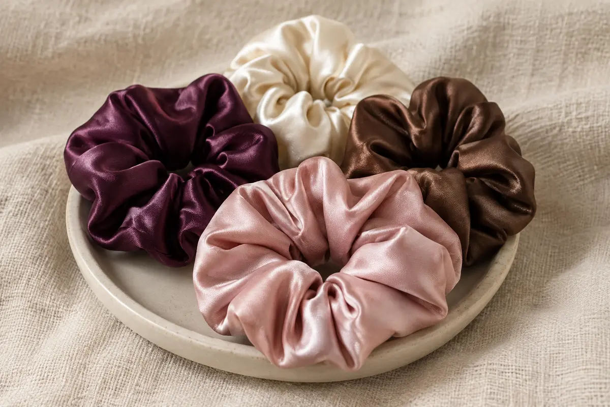 Lot de chouchous en satin de soie aux teintes variées, disposés sur un support en céramique mate.