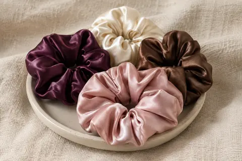 Lot de chouchous en satin de soie aux teintes variées, disposés sur un support en céramique mate.