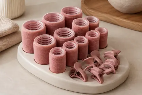 Bigoudis chauffants roses en velours de deux diamètres avec leurs pinces, disposés sur un support en céramique mate.