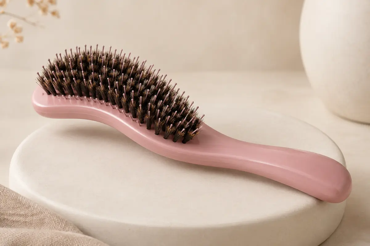 Brosse démêlante rose incurvée à poils de sanglier et de nylon posée sur une céramique mate