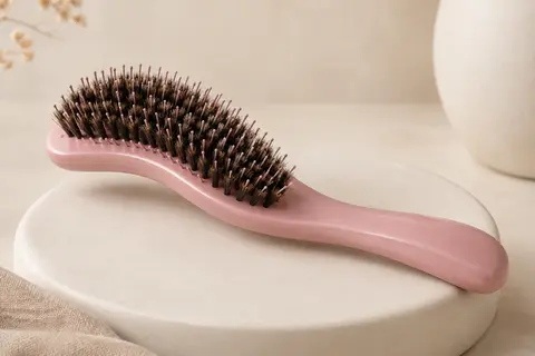Brosse démêlante rose incurvée à poils de sanglier et de nylon posée sur une céramique mate