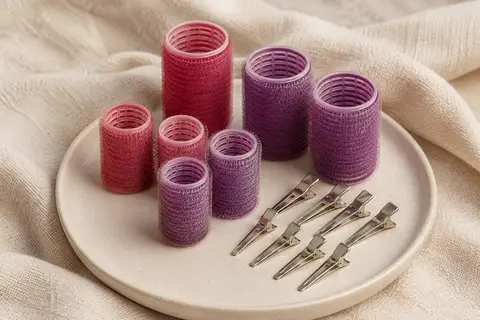 Huit bigoudis auto-agrippants de deux tailles avec leurs pinces métalliques, posés sur un tissu crème.