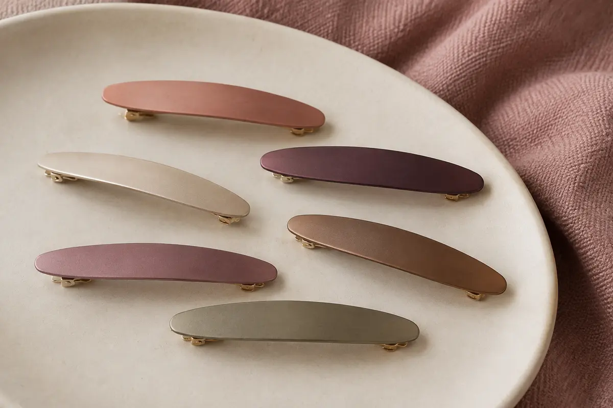 Petites barrettes plates en métal mat multicolore disposées sur un support en céramique crème