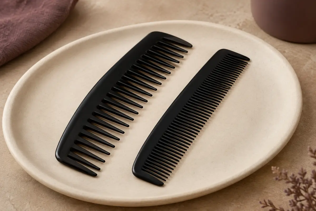 Deux peignes de coiffure noirs en plastique, de formes différentes, posés sur un support en céramique crème.