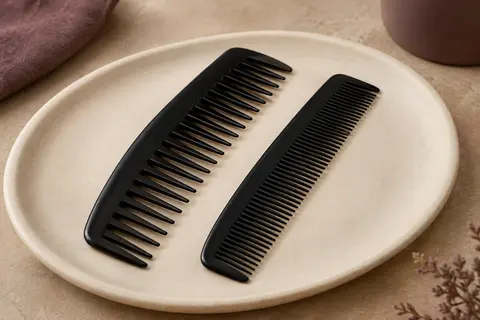 Deux peignes de coiffure noirs en plastique, de formes différentes, posés sur un support en céramique crème.