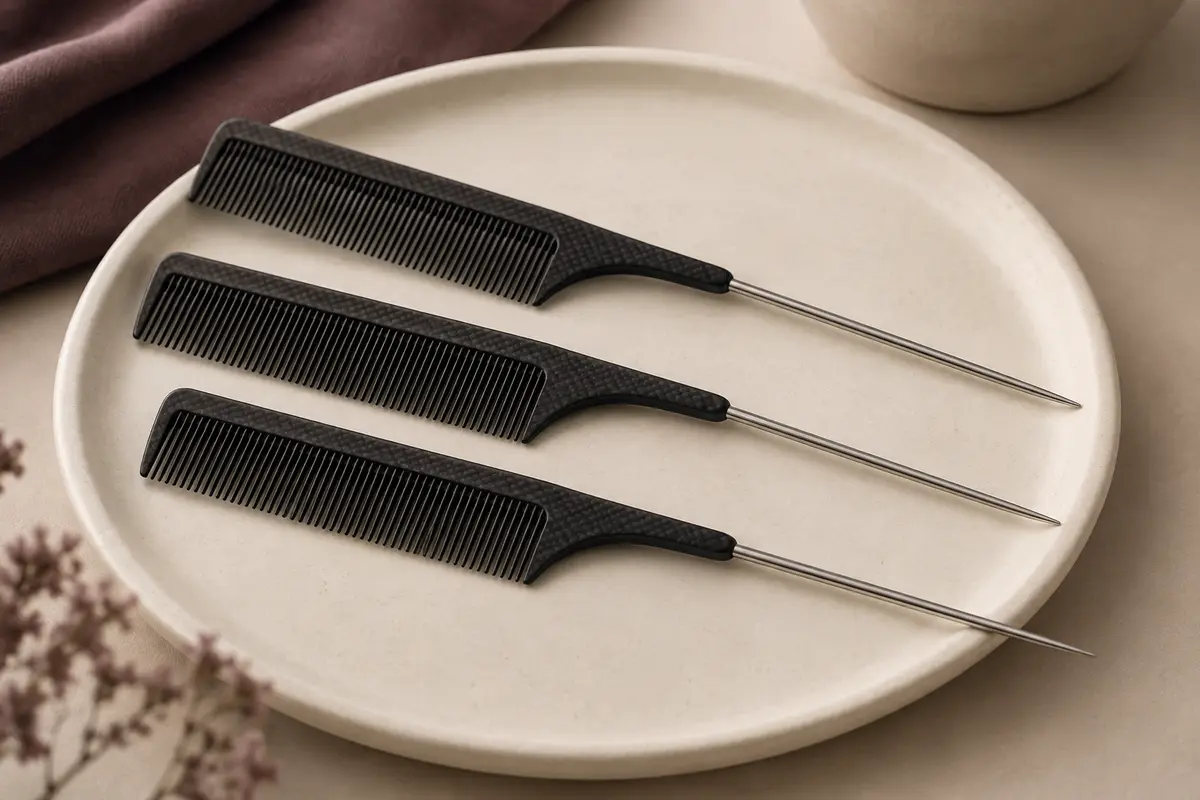 Trois peignes à queue noirs en fibre de carbone, avec dents fines et queues métalliques, posés sur une céramique mate.