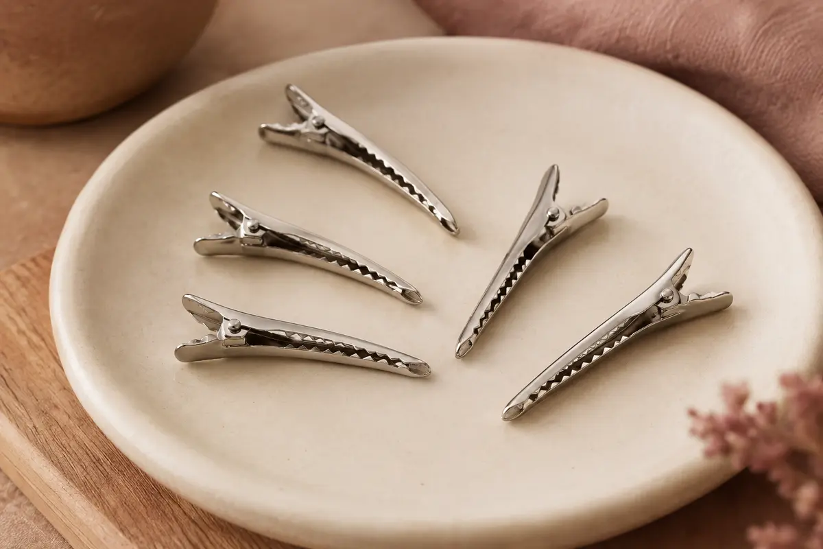 Lot de petites pinces crocodile métalliques argentées disposées en éventail sur une céramique mate crème