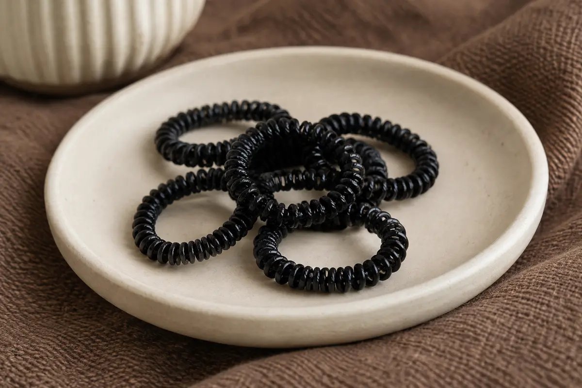 Élastiques noirs pour cheveux en nylon disposés sur une céramique mate et un tissu texturé
