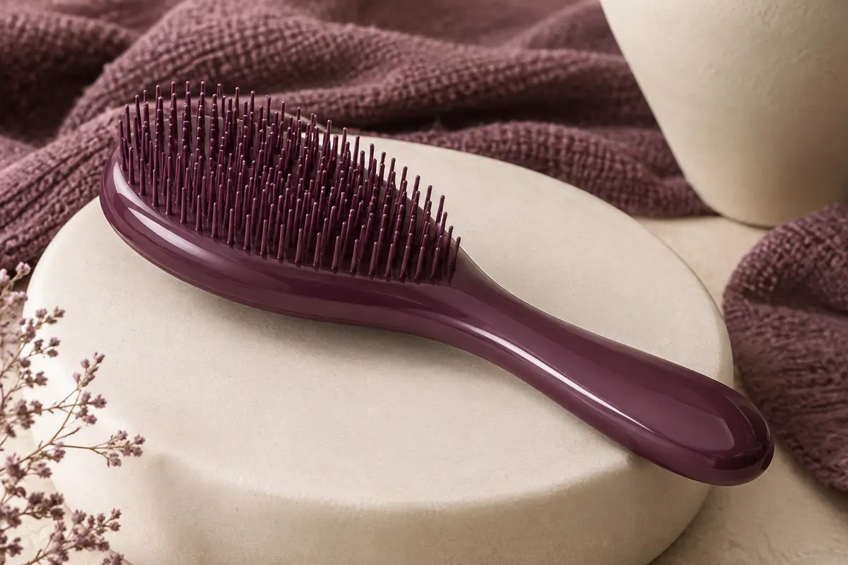 Brosse démêlante Tangle Teezer en teinte bruyère, avec ses picots souples à deux niveaux.