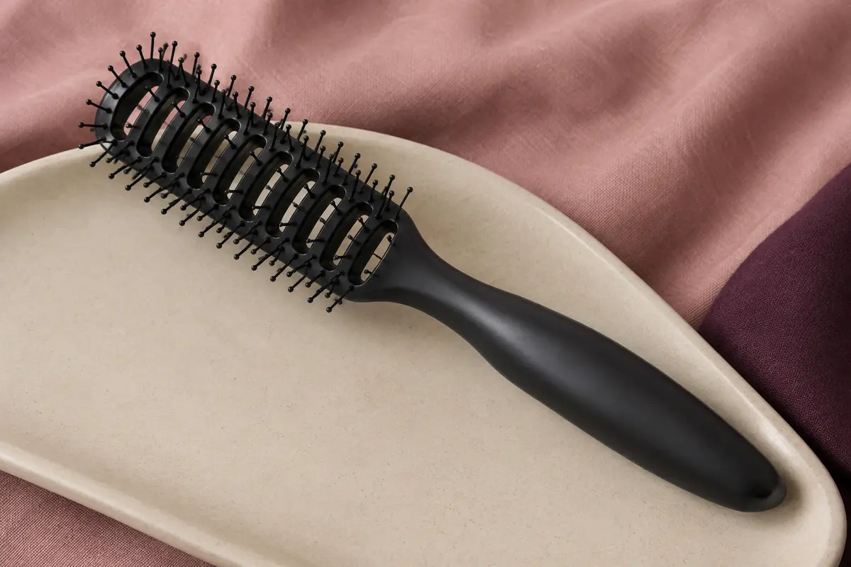 Brosse de brushing noire à tête ventilée et picots flexibles posée sur un support en céramique mate