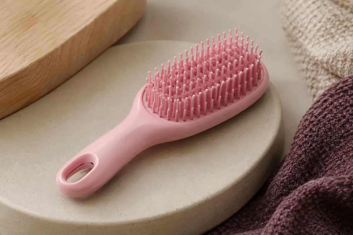 Brosse démêlante compacte rose posée sur une céramique mate, avec ses picots flexibles visibles.