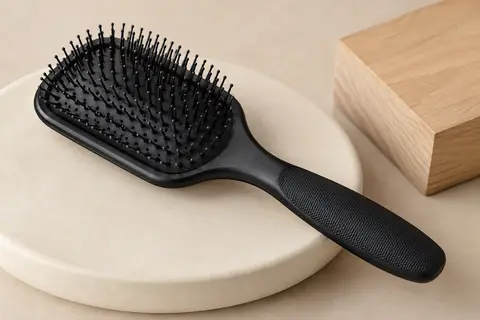Brosse plate démêlante Termix noire avec poignée antidérapante, posée sur un support en céramique mate