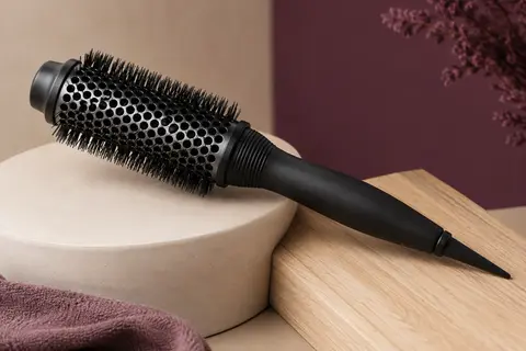 Brosse ronde noire Termix avec tube en aluminium, fibres nylon et pointe séparatrice sur un support clair.