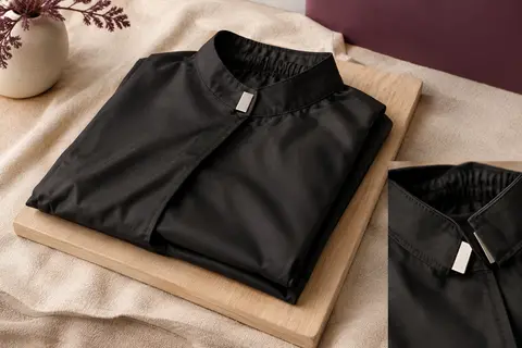 Cape de coupe Termix noire à fermeture magnétique, présentée pliée sur un support en bois clair.