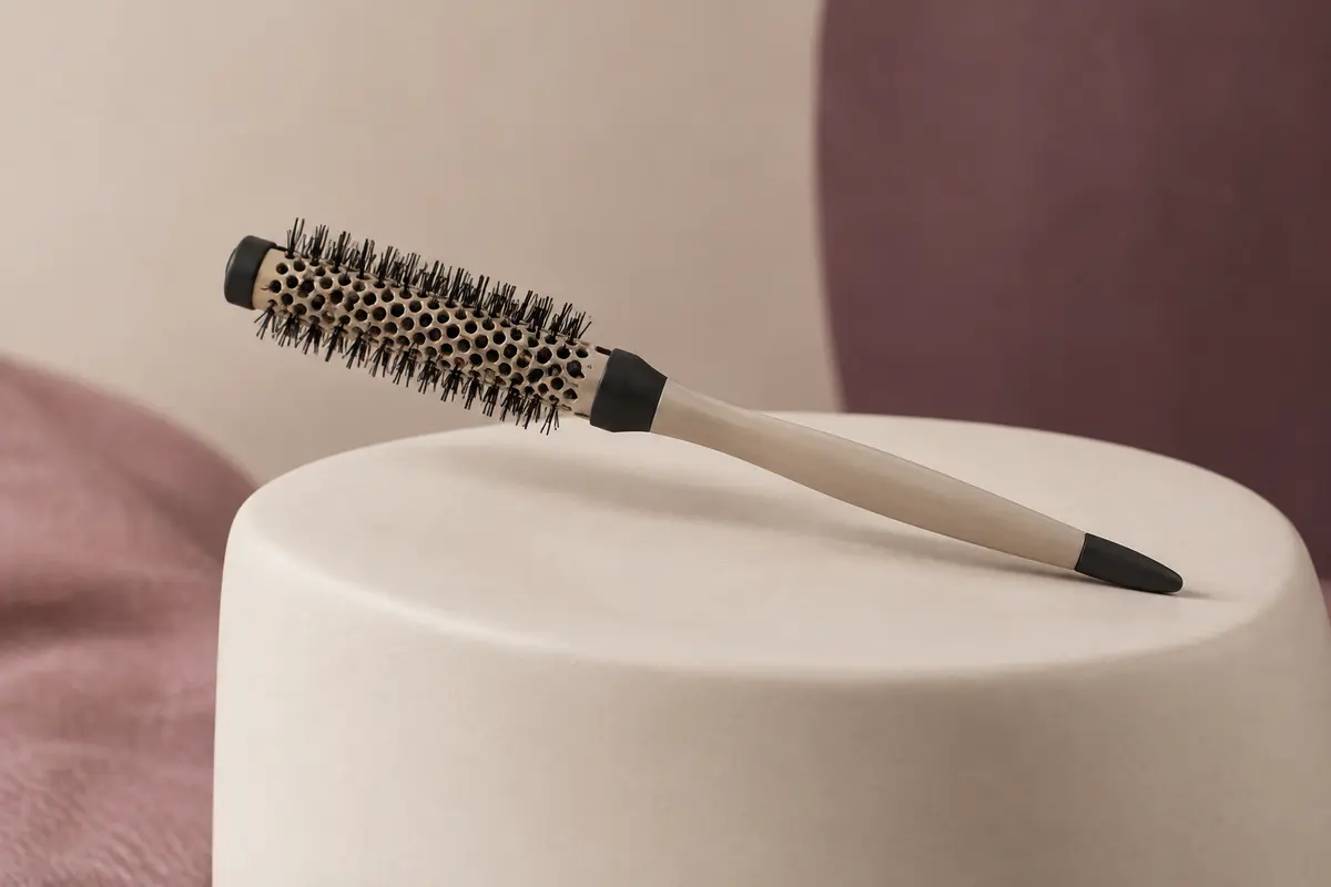Brosse ronde Termix Evolution Soft beige et noire, posée sur un support en céramique mate