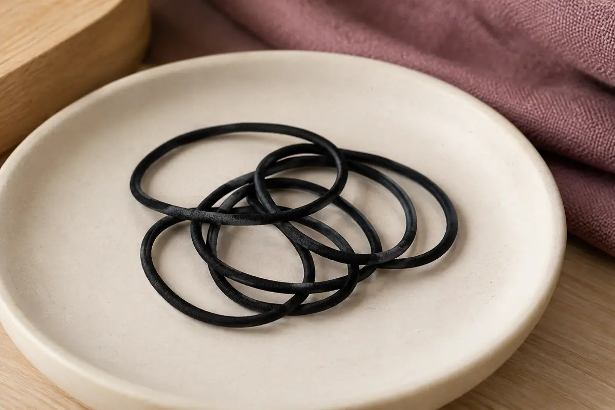 Petits élastiques noirs pour cheveux disposés en anneaux sur une céramique mate crème.