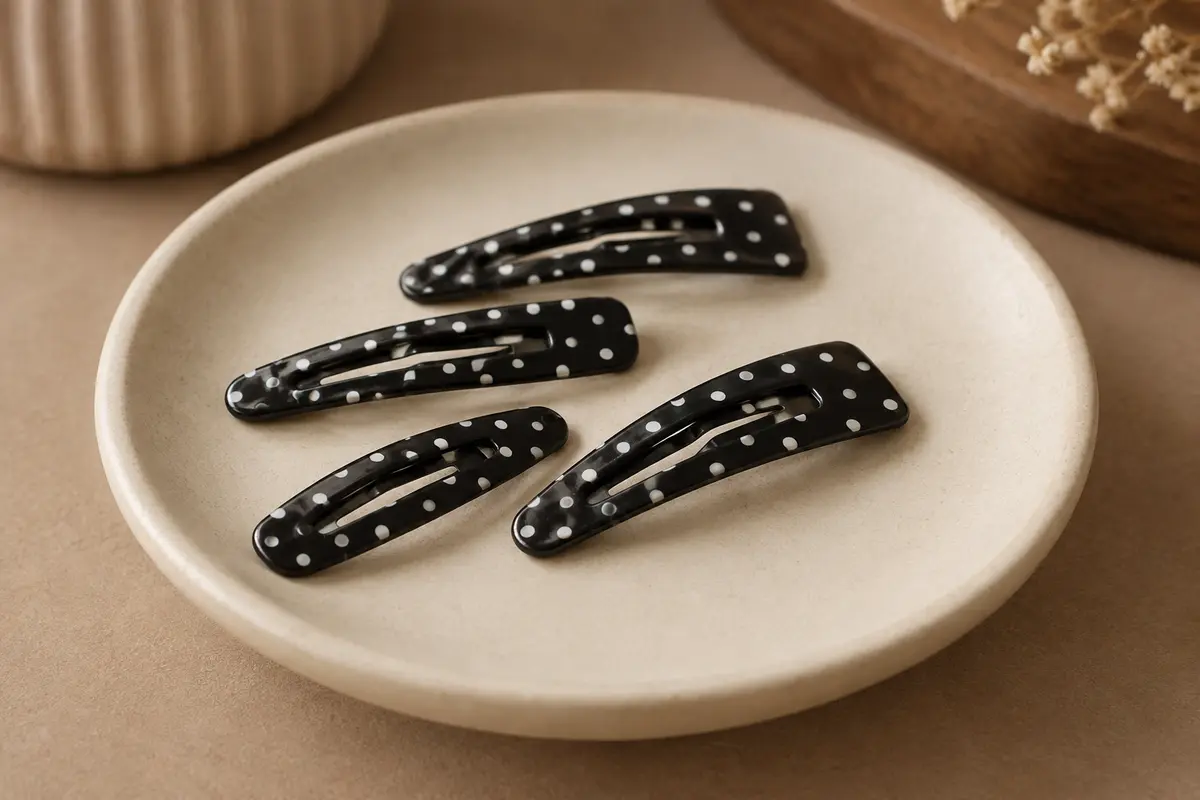 Quatre pinces à cheveux plates en plastique noir à motif à pois, posées sur un support en céramique mate.