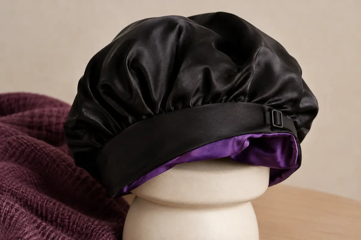 Bonnet de nuit ample noir et violet à doublure en soie et bande large réglable, posé sur une céramique mate.