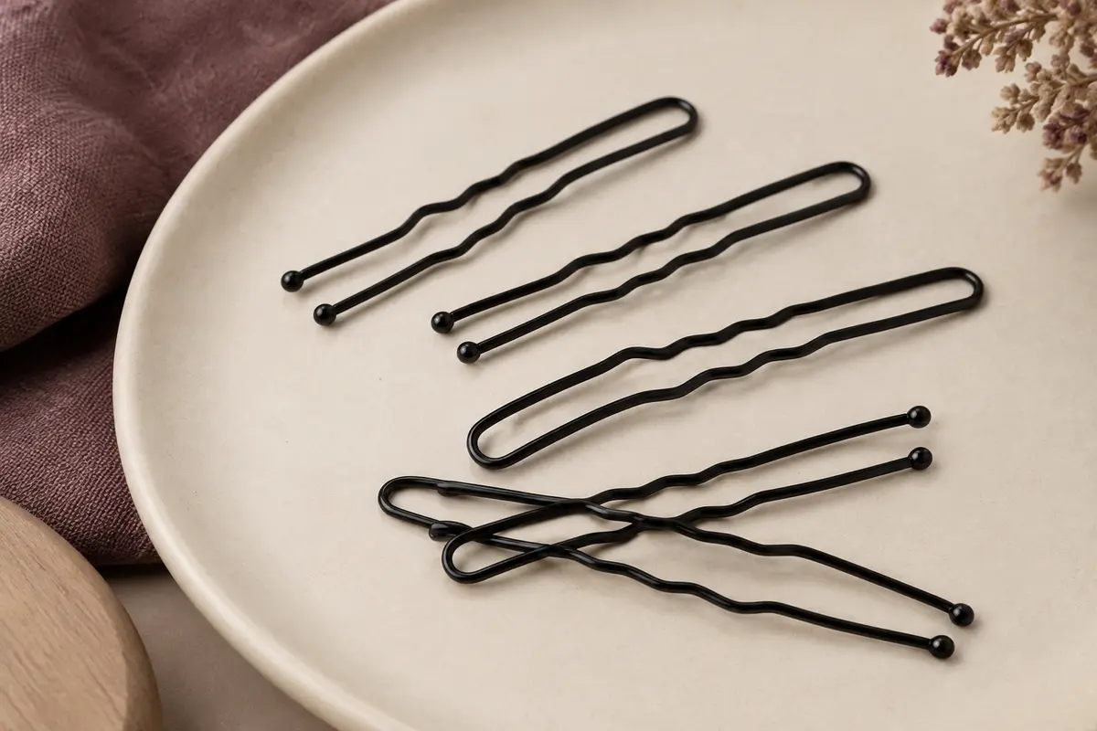 Épingles à cheveux en U ondulées en métal noir, disposées sur un support en céramique mate