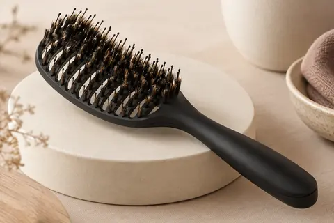 Brosse démêlante noire à tête incurvée et ventilée, avec poils de sanglier et pointes en nylon, posée sur de la céramique.