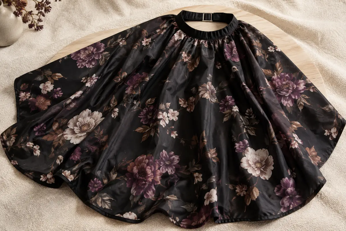 Cape de coiffure noire à motif floral dépliée, avec sa boucle métallique réglable visible près du col.