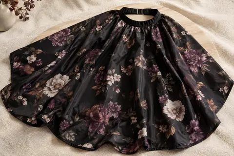 Cape de coiffure noire à motif floral dépliée, avec sa boucle métallique réglable visible près du col.